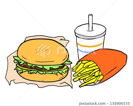 漢堡、飲料和薯條的插圖。 138906535