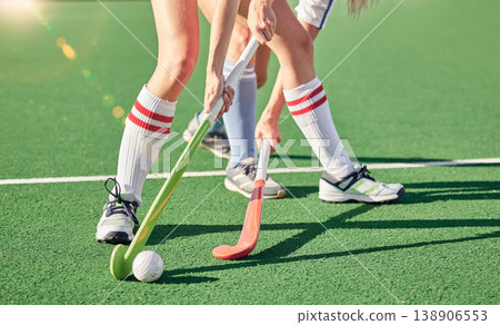 Hockey stick, hockey ball and turf competition, sports games and challenge on grass field, pitch and outdoor. Women team, field hockey players and contest, action and sport training on stadium arena Hockey stick, hockey ball and turf competition, sports games and challenge on grass field, pitch and outdoor. Women team, field hockey players and contest, action and sport training on stadium arena 138906553