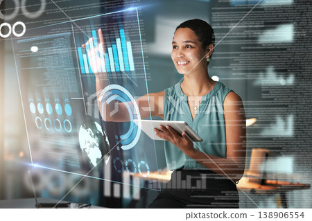 Black woman with tablet, smile and dashboard overlay for erp data innovation, research and programming in future technology. Futuristic analytics, IT management and startup business website software. 138906554