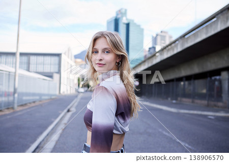 Portrait of gen z city girl, natural beauty and standing on asphalt road with confidence, woman empowerment and self love. Skincare, pride or relax young person walking in urban San Francisco street Portrait of gen z city girl, natural beauty and standing on asphalt road with confidence, woman empowerment and self love. Skincare, pride or relax young person walking in urban San Francisco street 138906570