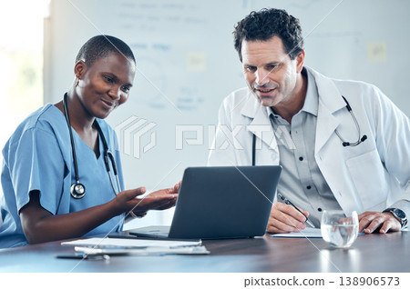 Doctor, laptop and meeting on a video conference at the hospital for medical discussion at the workplace. Healthcare professionals on a call having a conversation on computer for research at a clinic Doctor, laptop and meeting on a video conference at the hospital for medical discussion at the workplace. Healthcare professionals on a call having a conversation on computer for research at a clinic 138906573