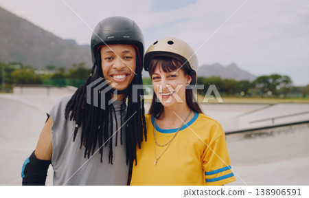Urban skate park, portrait and couple of friends with love and freedom outdoor for skating. Summer, gen z and young interracial skater people together in the sunshine ready for skateboarding 138906591