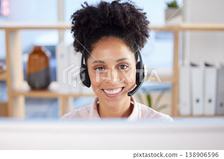 Call center, black woman portrait and customer service, consulting and crm support, help desk questions and telemarketing office employee. Happy consultant, sales worker and tech communication online Call center, black woman portrait and customer service, consulting and crm support, help desk questions and telemarketing office employee. Happy consultant, sales worker and tech communication online 138906596