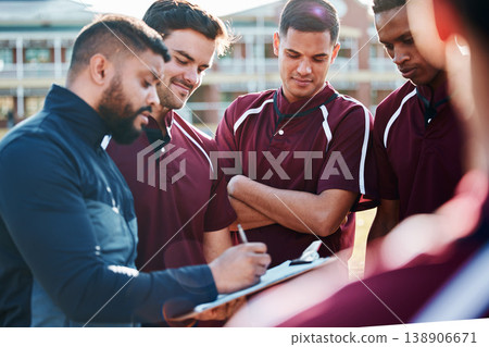 Coaching, rugby team or people with field strategy, checklist and training progress, teamwork and planning game. Leadership man talking to sports men or athlete group for workout or competition goals 138906671