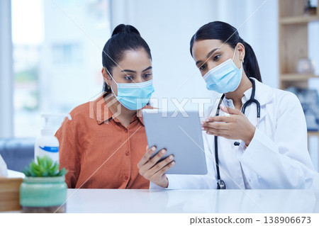 Covid, tablet and doctor consulting patient about medical results, check information or reading online exam report in hospital office. Healthcare worker woman with software tech for corona virus test Covid, tablet and doctor consulting patient about medical results, check information or reading online exam report in hospital office. Healthcare worker woman with software tech for corona virus test 138906673