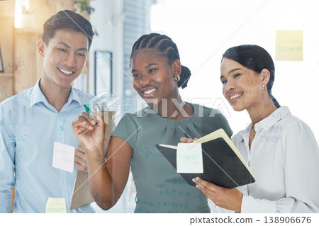 Creative teamwork, sticky notes and planning for business strategy, scheduling tasks and brainstorming at the office. Happy people in design for company marketing plan in corporate post it at work 138906676