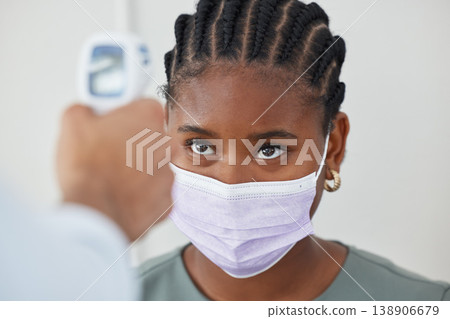 Face mask, thermometer and covid with doctor, medical expert and healthcare worker in clinic, hospital or wellness center. Black woman or patient with medical checking fever to prevent disease 138906679