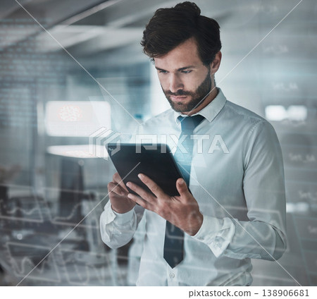 Digital, tablet data overlay and database of business man with fintech graphic in office. Futuristic, serious worker and stock market growth hologram with businessman working on future investment Digital, tablet data overlay and database of business man with fintech graphic in office. Futuristic, serious worker and stock market growth hologram with businessman working on future investment 138906681