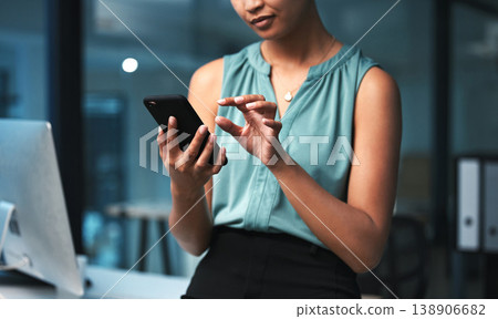 Phone hands, night and office woman typing finance portfolio feedback, stock market database or economy review. Forex investment budget, online data analysis or trader trading NFT, bitcoin or crypto 138906682