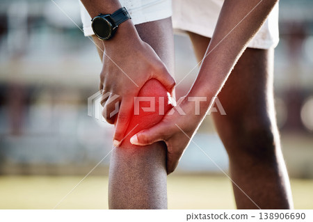 Injury, inflammation and man with knee pain from sports, fitness accident and injured muscle. Symptom, emergency and athlete holding his leg after a sprain, swollen joint and workout strain on body Injury, inflammation and man with knee pain from sports, fitness accident and injured muscle. Symptom, emergency and athlete holding his leg after a sprain, swollen joint and workout strain on body 138906690