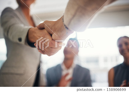 Handshake, hiring and contract with people in office for collaboration, teamwork and thank you. Meeting, B2B and welcome with employee shaking hands for partnership, networking and job promotion 138906699