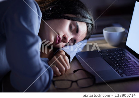 Sleep, tired and business woman in office resting after working late on laptop at night. Sleeping, relax and female employee with fatigue, burnout or exhausted, overworked and nap, asleep or sleepy. 138906714