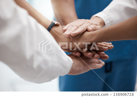 Teamwork, medical support and hands of doctors working as a team for success in healthcare at a hospital. Nurse, surgeon and worker with solidarity, help and collaboration at a clinic for work 138906728