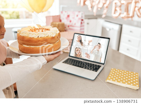 Family, birthday party and a laptop video call, zoom and online celebration in lockdown, quarantine and social distancing. Children and distant friends celebrating event with cake and dessert at home 138906731