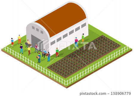 Farmers gathering near greenhouse discussing about harvest and crops 138906779