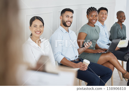 Candidates, interview and hr talking to people in a row together in an office at work. Employees, people and workers with smile for receptionist with list for recruitment, hiring and planning 138906810