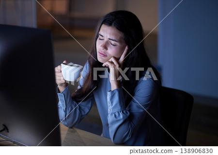 Night, coffee and exhausted with woman in office for deadline, burnout and overtime goals. Stress, headache and mental health problems with employee at computer for research, overworked or frustrated 138906830