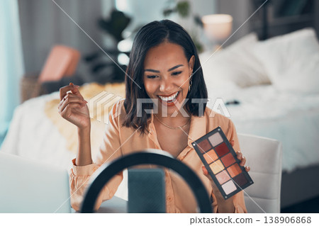 Influencer recording makeup tutorial with phone, vlogging with beauty cosmetics and streaming a skincare routine at home. Entrepreneur, female blogger or happy woman making video for social media 138906868