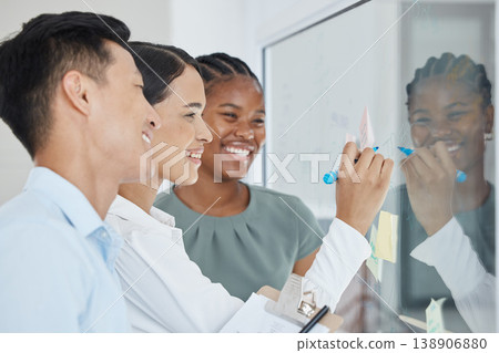 Teamwork planning, collaboration notes and window solution of ideas, vision and modern office startup meeting. Happy business people brainstorming strategy logistics, working schedule and information 138906880