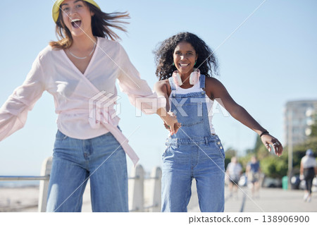 Portrait, holding hands and skate sport girl friends back on outdoor promenade with balance and skating. Woman, skate and friendship of women on summer holiday break doing a fun activity on pavement Portrait, holding hands and skate sport girl friends back on outdoor promenade with balance and skating. Woman, skate and friendship of women on summer holiday break doing a fun activity on pavement 138906900