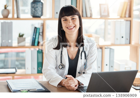 Doctor, portrait and smile of woman in hospital office ready for healthcare and wellness. Medical professional, health and happy female physician from Canada with laptop for research and telehealth. Doctor, portrait and smile of woman in hospital office ready for healthcare and wellness. Medical professional, health and happy female physician from Canada with laptop for research and telehealth. 138906909