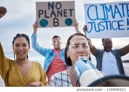 Megaphone, climate change protest and Asian woman with crowd at beach protesting for environment and global warming. Save the earth, group activism and people shouting on bullhorn to stop pollution. Megaphone, climate change protest and Asian woman with crowd at beach protesting for environment and global warming. Save the earth, group activism and people shouting on bullhorn to stop pollution. 138906921