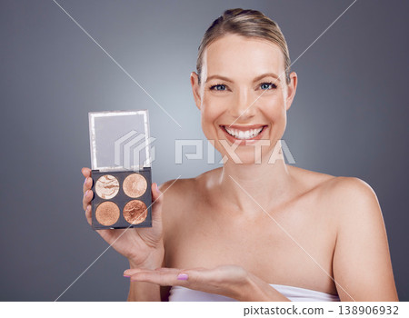 Makeup pallet, woman in portrait and beauty with cosmetics product, foundation and eye powder on studio background. Smile, cosmetic care and cosmetology, eyeshadow or blush, mockup and advertising Makeup pallet, woman in portrait and beauty with cosmetics product, foundation and eye powder on studio background. Smile, cosmetic care and cosmetology, eyeshadow or blush, mockup and advertising 138906932