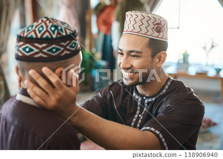Care, muslim and father with son in house for bonding, ramadan kareem and love. Support, Islamic celebration and religion with man and child in living room of family home for culture and happy Care, muslim and father with son in house for bonding, ramadan kareem and love. Support, Islamic celebration and religion with man and child in living room of family home for culture and happy 138906940