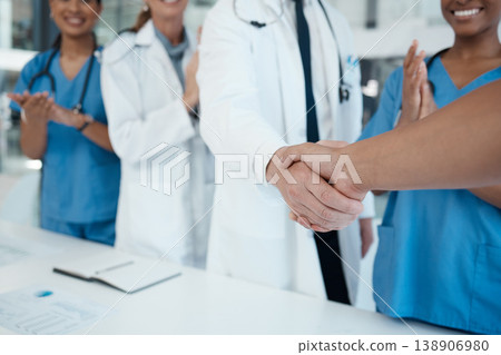 Doctors, nurses and handshake success in medical partnership, insurance deal or healthcare support in hospital. Zoom, hands or consulting medicine workers in welcome, thank you or trust collaboration 138906980