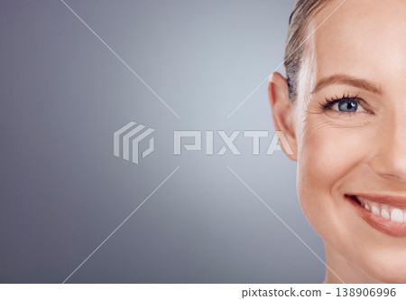 Half face, woman and mockup portrait of beauty for wellness, studio and happy salon results. Closeup model, split facial and skincare of facial aesthetic, laser dermatology and smile on mock up space 138906996