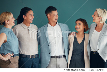 Business people, hug with team and corporate group with collaboration, happiness and lawyers on studio background. Employees work at law firm, happy working together with teamwork and diversity 138906998