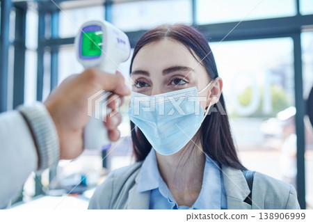 Covid, thermometer and woman doing check for health, virus and healthcare in an office at work. Face of an employee, corporate worker or person doing compliance test with face mask at company 138906999