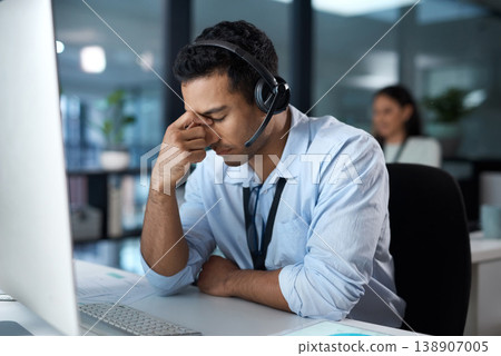 Headset, support and stress with man in call center for frustration, problem solving or solution. Burnout, computer and consulting with person in customer service for anxiety, fail or headache 138907005