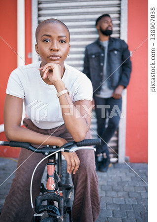 Bicycle, portrait and couple of friends for city travel, streetwear fashion and urban gen z lifestyle. Face of a confident black woman or cool people with a bike in urban sidewalk for youth cycling Bicycle, portrait and couple of friends for city travel, streetwear fashion and urban gen z lifestyle. Face of a confident black woman or cool people with a bike in urban sidewalk for youth cycling 138907038