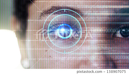 Biometric, digital and cyber security with eye scan of woman for identity, verification or facial recognition. Technology, future and ai with laser scanner focus of girl for hologram, contact or data Biometric, digital and cyber security with eye scan of woman for identity, verification or facial recognition. Technology, future and ai with laser scanner focus of girl for hologram, contact or data 138907075