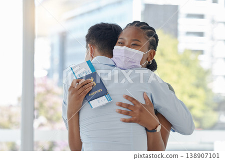 Airport, travel and face mask with couple hug with covid passport before international flight abroad. Black woman with immigration, traveling and corona compliance at the border with friends farewell Airport, travel and face mask with couple hug with covid passport before international flight abroad. Black woman with immigration, traveling and corona compliance at the border with friends farewell 138907101