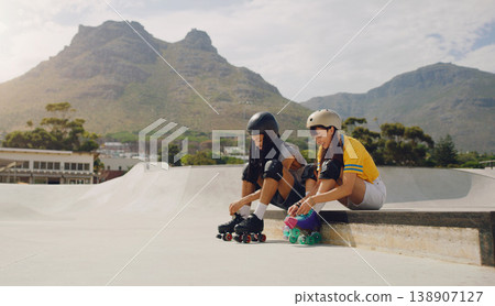 Rollerskate, mockup and view with friends at a skatepark together for sports, fun or recreation. Skating, mountain or fitness with a man and woman bonding while getting ready for training outdoor 138907127