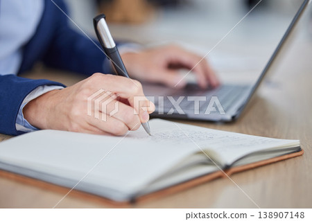 Typing, reading and writing business man working with a notebook, office computer and journal. Hands closeup of a finance worker multitasking and planning a company project or client strategy Typing, reading and writing business man working with a notebook, office computer and journal. Hands closeup of a finance worker multitasking and planning a company project or client strategy 138907148