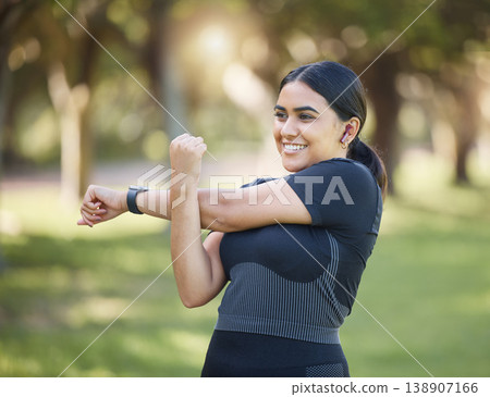 Fitness, nature and happy woman stretching in an outdoor park for health, wellness and training. Sports, healthy and girl athlete from Mexico doing a warm up exercise before a workout in green garden Fitness, nature and happy woman stretching in an outdoor park for health, wellness and training. Sports, healthy and girl athlete from Mexico doing a warm up exercise before a workout in green garden 138907166