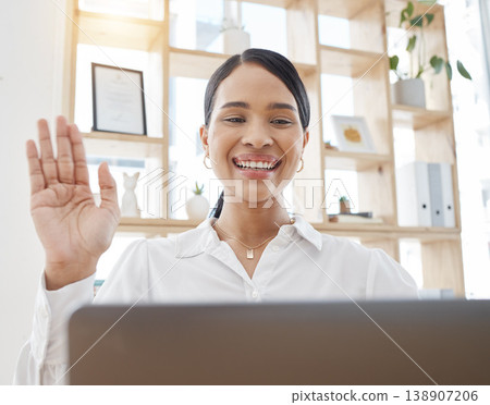 Corporate, woman and laptop video call wave introduction with hand on professional app online. Hello greeting and smile of latino business office girl in internet conference call communication. Corporate, woman and laptop video call wave introduction with hand on professional app online. Hello greeting and smile of latino business office girl in internet conference call communication. 138907206