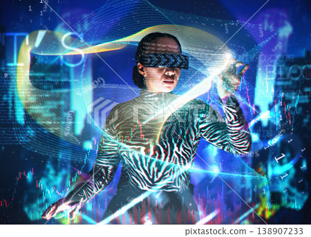 Metaverse, woman and augmented reality glasses with dashboard overlay for digital transformation. Person with vr headset ar hologram for cyber 3d world ux for big data and futuristic infographics 138907233