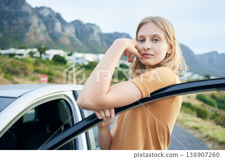 Young woman, travel and with car on vacation, journey and adventure for summer. Independent female, confident girl and taking break from road trip driving for holiday, relax getaway and happy outdoor Young woman, travel and with car on vacation, journey and adventure for summer. Independent female, confident girl and taking break from road trip driving for holiday, relax getaway and happy outdoor 138907260