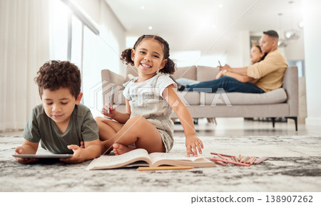 Tablet, books and children learning on carpet parents in living room for holiday, digital education and kindergarten knowledge with girl portrait. Family relax with technology on lounge floor writing Tablet, books and children learning on carpet parents in living room for holiday, digital education and kindergarten knowledge with girl portrait. Family relax with technology on lounge floor writing 138907262