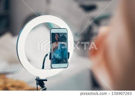 Fashion Influencer with ring light, tripod and phone recording style review vlog, video and photo for social media followers. Stylish, young and trendy clothes content creator or brand ambassador 138907263