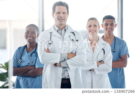 Medical, doctor and happy nurse staff confident, with cross arms and healthcare stand together with smile and success. Portrait of lead surgeon, dedicated team and health clinic proud diversity group Medical, doctor and happy nurse staff confident, with cross arms and healthcare stand together with smile and success. Portrait of lead surgeon, dedicated team and health clinic proud diversity group 138907266