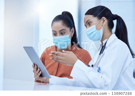 Covid, consulting and patient, doctor and tablet with results, diagnosis and online medical report. Healthcare, covid 19 and women in doctors office with face mask, digital tech and analysis 138907288