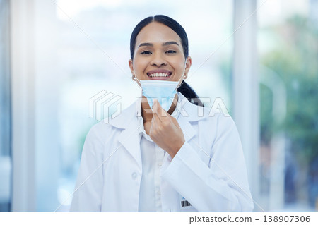 Covid, healthcare and happy portrait of doctor woman in professional Mexico clinic with smile. Optimistic medical expert remove face mask protection at end of coronavirus health pandemic. Covid, healthcare and happy portrait of doctor woman in professional Mexico clinic with smile. Optimistic medical expert remove face mask protection at end of coronavirus health pandemic. 138907306
