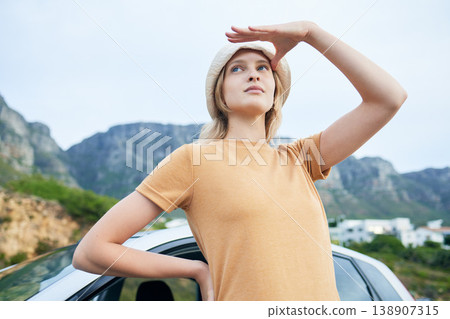 View, relax and woman on a road trip with a car in nature of Portugal during summer. Relax, freedom and calm girl doing travel in the countryside with transport for holiday, adventure and drive 138907315