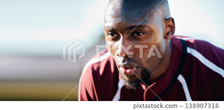 Tired, breathing and black man in sports training, competition or game focus on rugby field, blue sky mockup. Breathe, sweating and athlete or person thinking of workout, exercise or fitness strategy Tired, breathing and black man in sports training, competition or game focus on rugby field, blue sky mockup. Breathe, sweating and athlete or person thinking of workout, exercise or fitness strategy 138907318