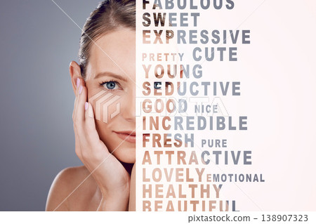 Beauty, words and portrait or face of woman with skincare, self care and cosmetics makeup isolated in a studio background. Quotes, letters and female model with empowerment message for skin Beauty, words and portrait or face of woman with skincare, self care and cosmetics makeup isolated in a studio background. Quotes, letters and female model with empowerment message for skin 138907323